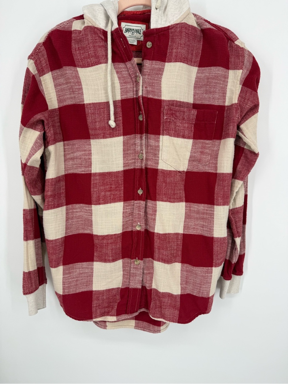American Eagle Women Red Beige Plaid Flannel Hoodie Shirt XS Bella Swan Grunge